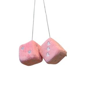 Bella Dona Heart Dice Pink custom pink fuzzy dice with embroidered white hearts